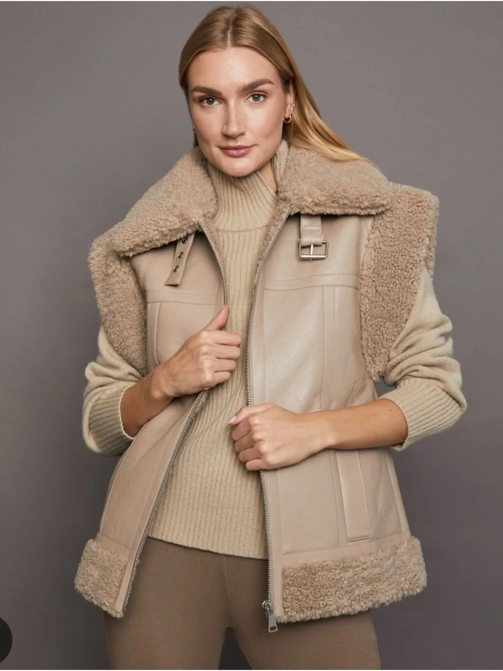 Apparis Taupe Shearling Leather Jacket Vest